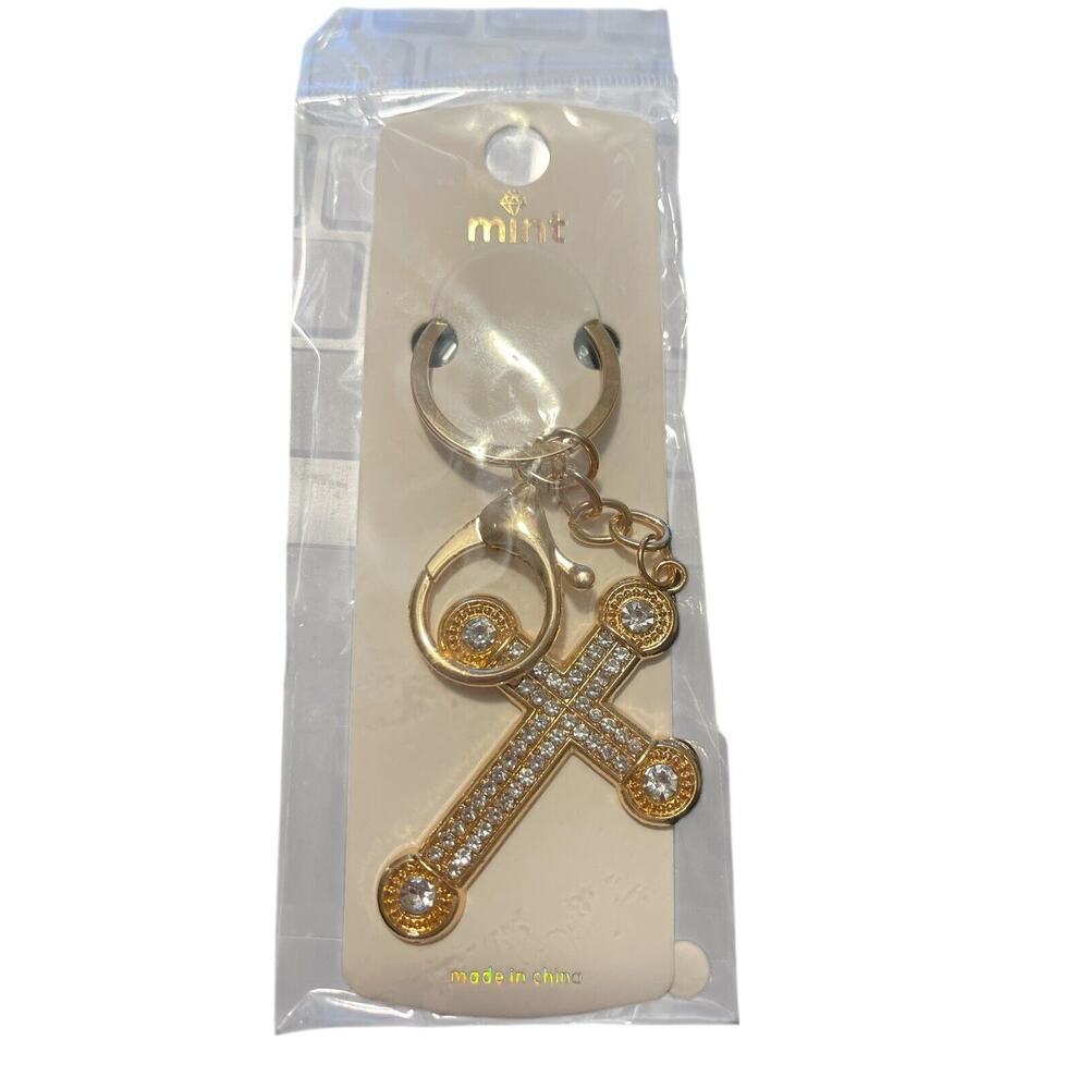 GOLD PLATED RHINESTONE CROSS KEYCHAIN